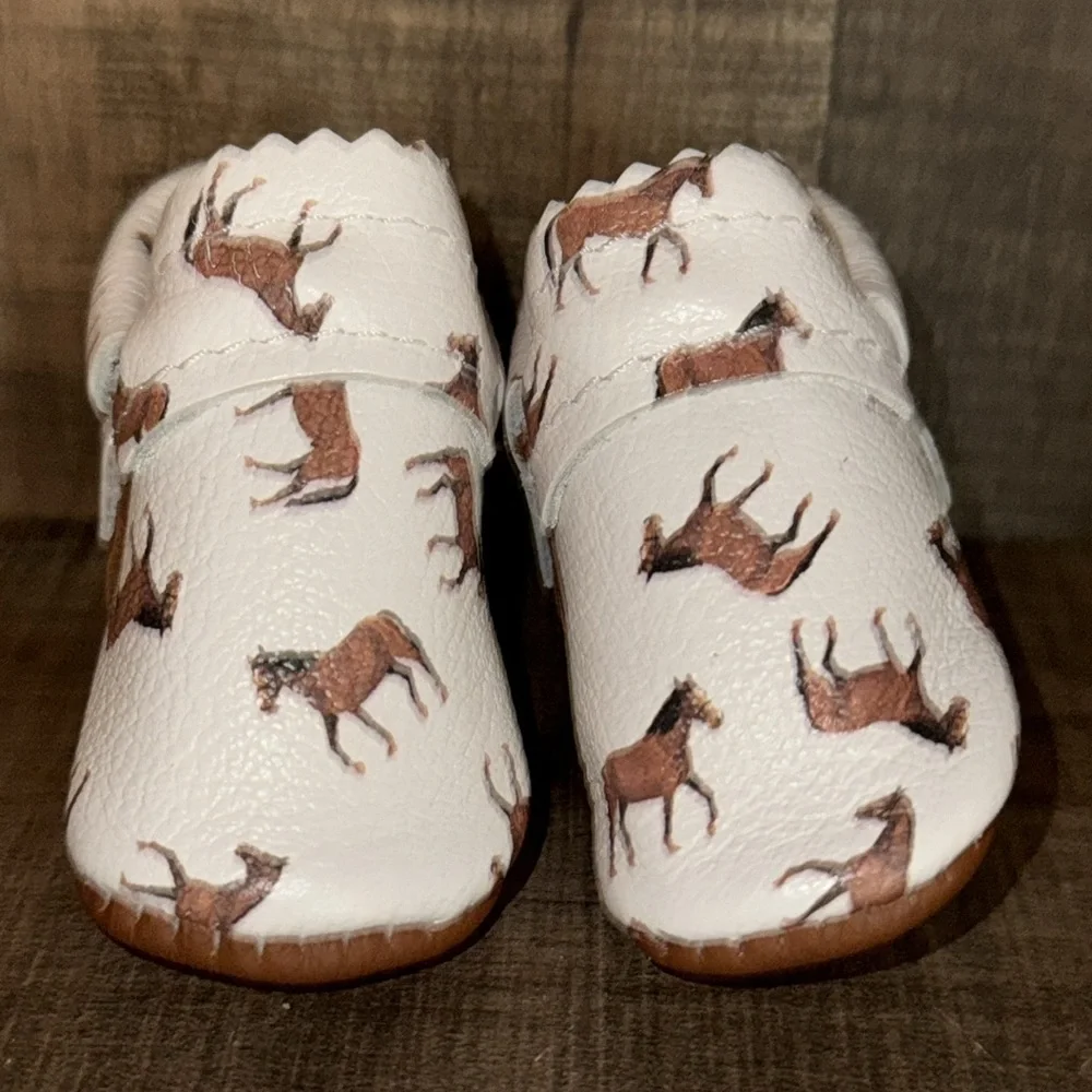 MISH MOCCS Kids Leather Moccasins with Horse Print- size NB